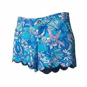 Lilly Pulitzer Scallop Hem Amalfi Blue Sound The Sirens 5” Shorts Sz 0 NWT